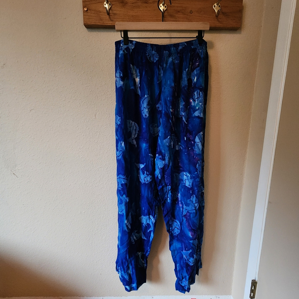 NWT Peaceful People Blue Fish Pattern Wide Leg Hippie Pants